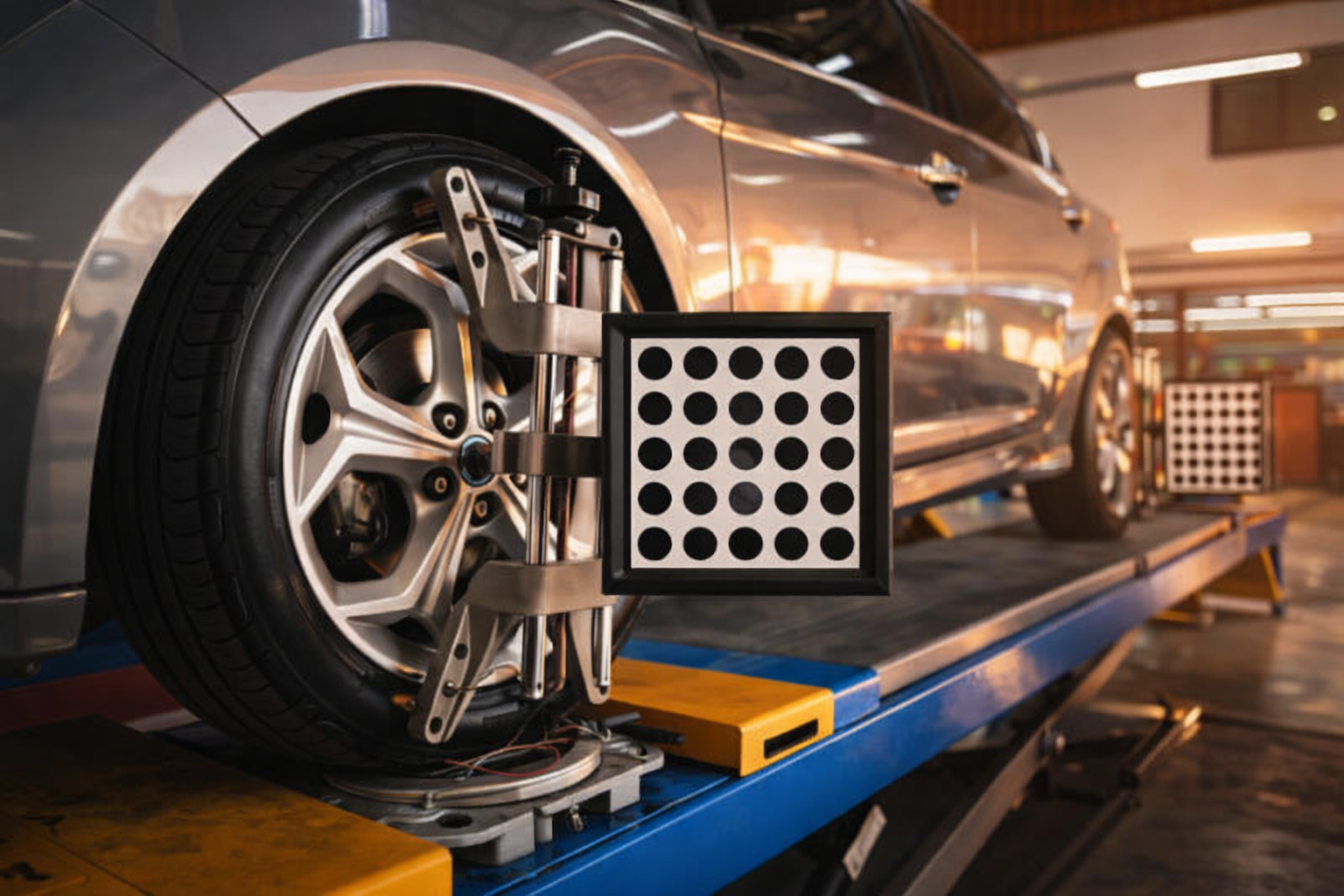 Wheel alignment equipment attached to vehicle wheel on workshop ramp for precision measurement